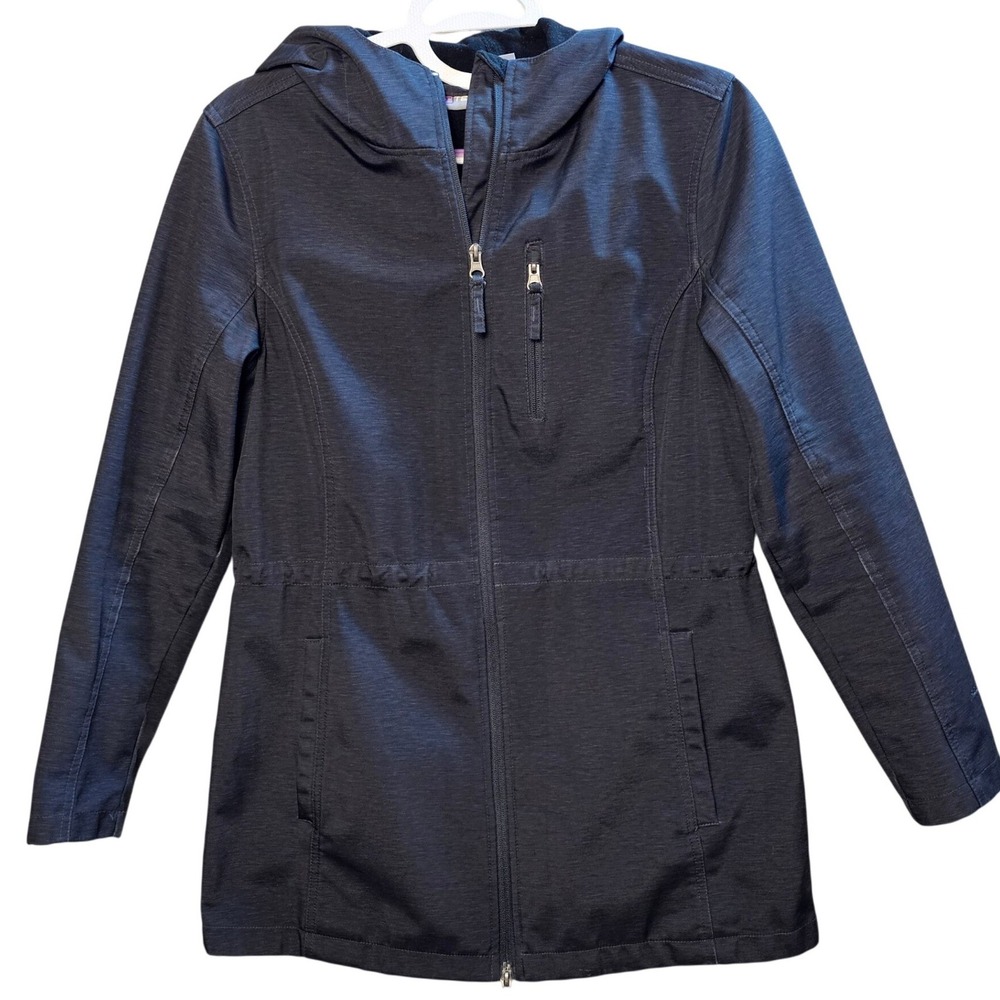 FREE TECH Black Hooded Soft Shell Jacket Women's Med M Full Zip Drawstring Waist
